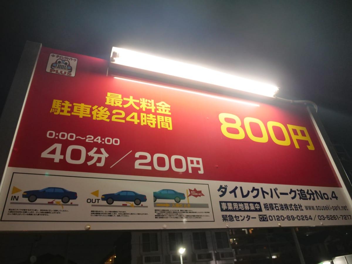 湘南 しんば　コインパーキングの料金案内板