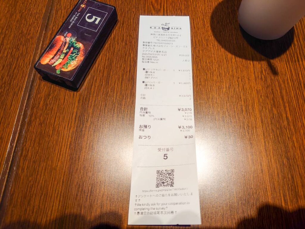 会計レシート(この日の合計3,070円)